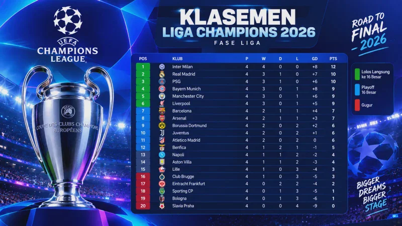 Klasemen Liga Champions 2026/2027 Terbaru: Update Matchday 1, Hasil Lengkap, dan Jadwal Berikutnya