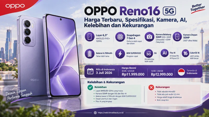OPPO Reno16 5G: Harga Terbaru, Spesifikasi, Kamera, AI, Kelebihan dan Kekurangan